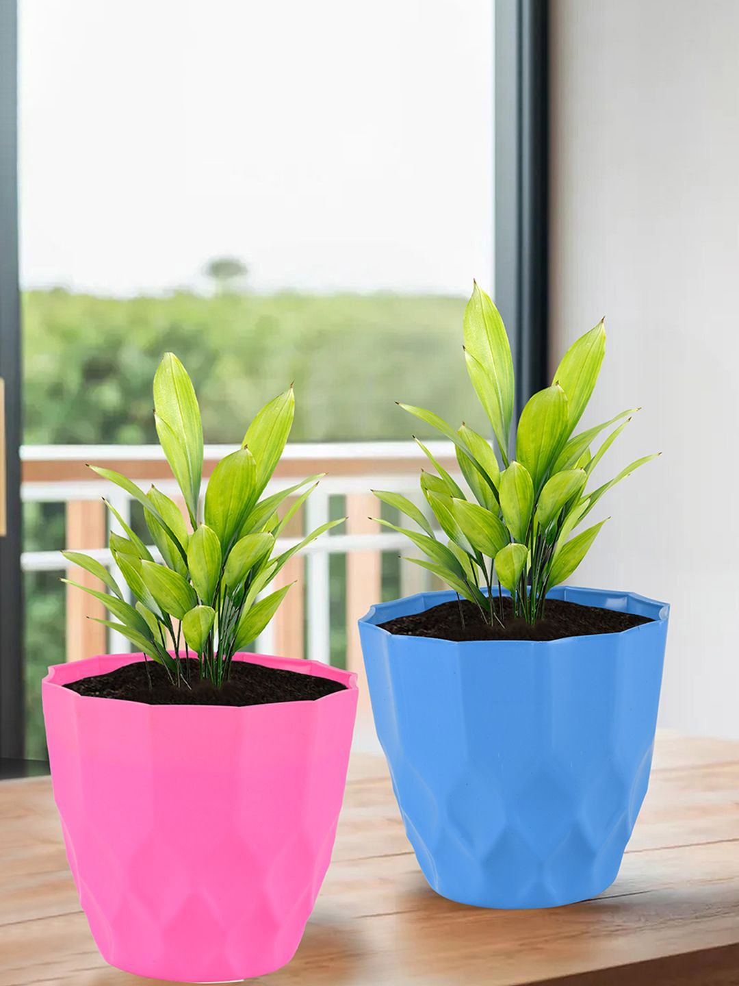 

Kuber Industries Pink & Blue 4 Pieces Barfi Pattern Flower Pots for Garden