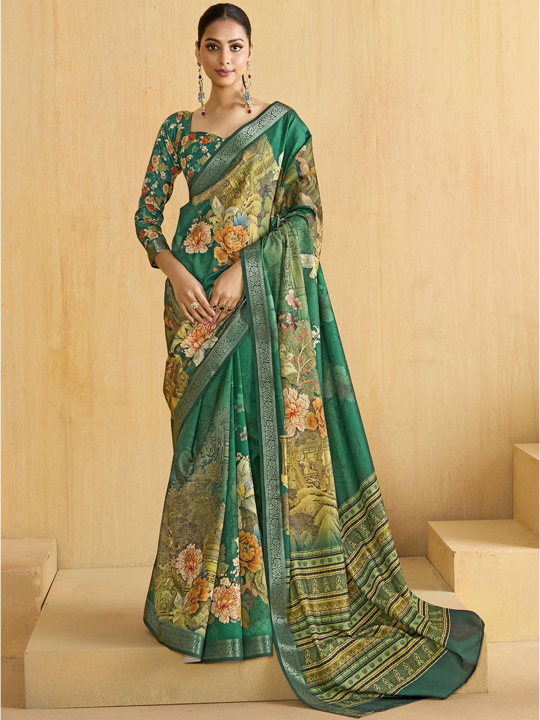 

Sangria Tussar Floral Printed Saree With Blouse Piece, Teal