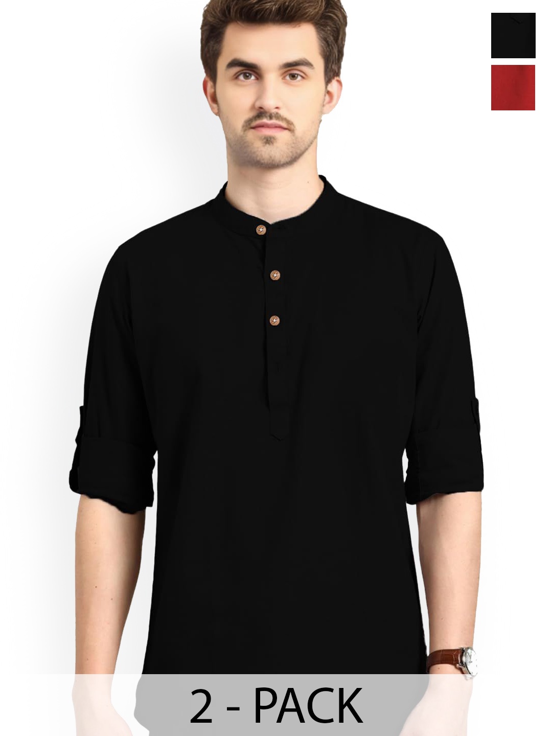 

Vida Loca Selection Of 2 Band Collar Roll-Up Sleeves Cotton Kurtas, Black