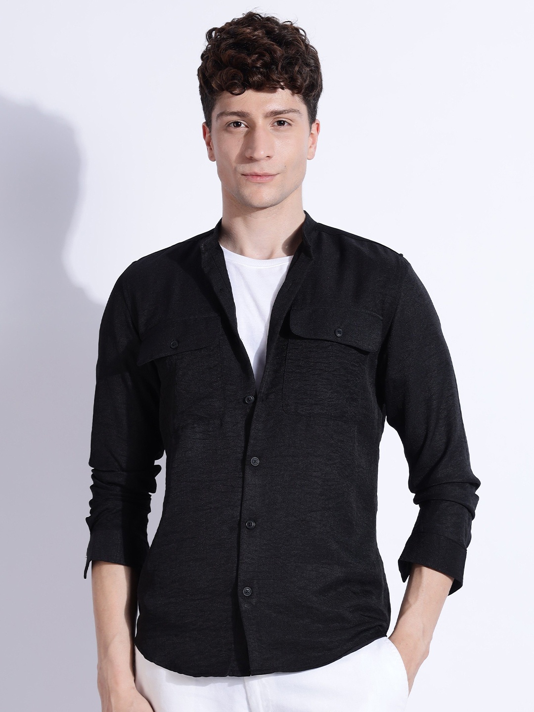 

NEVER NEUD Men Air Linen DP Like Regular Slim Fit Casual Shirt, Black