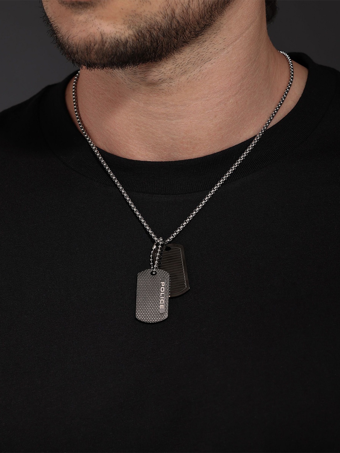 

Police Men Stainless Steel Geometric Shaped Duet Pendants With Chains, Silver