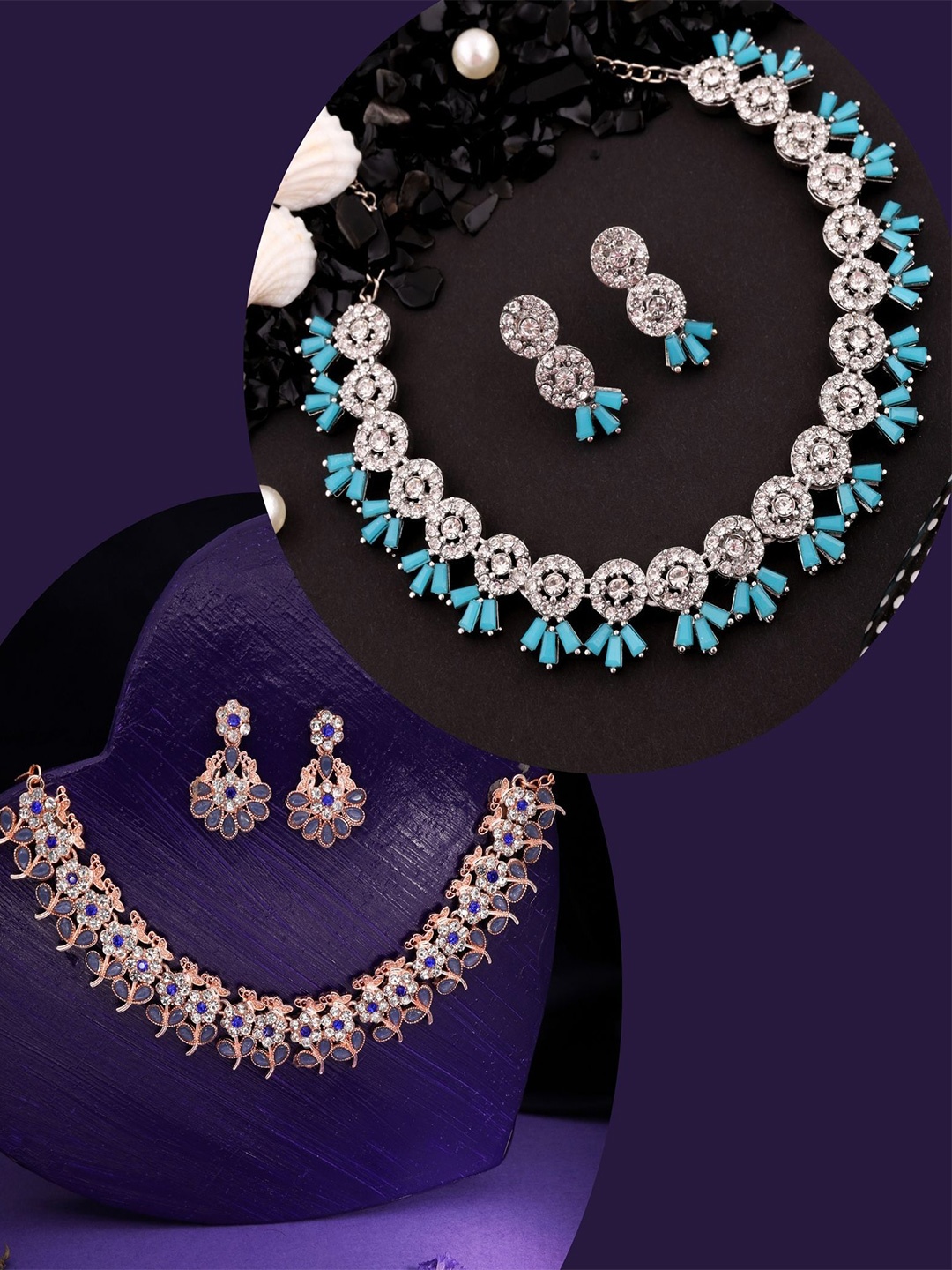 

DIVASTRI Set of 2 American Diamonds Studded Jewellery Set, Gold