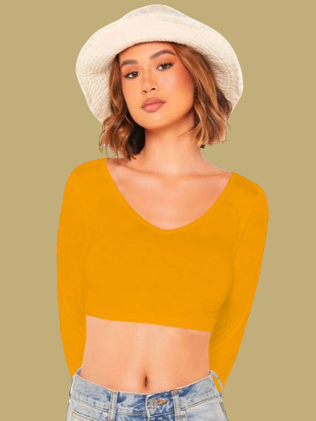 

Dream Beauty Fashion Women Solid Yellow V-Neck Crop Top