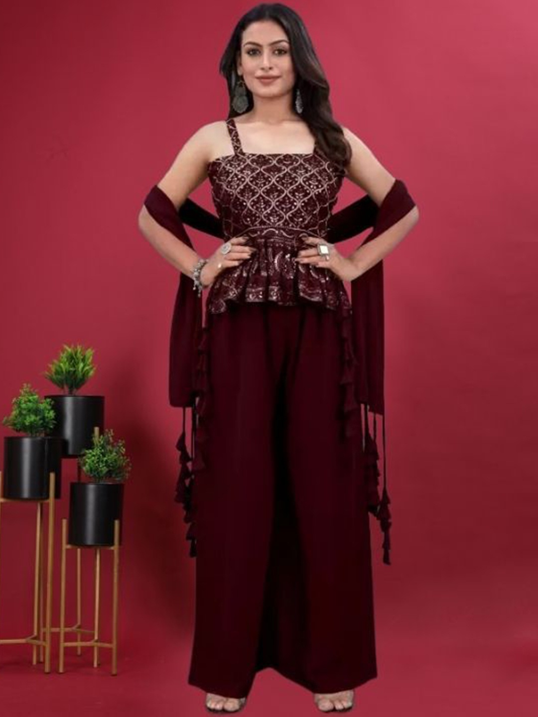 

PARROT CREATION Embroidered Sequinned Top With Palazzos And Dupatta, Maroon