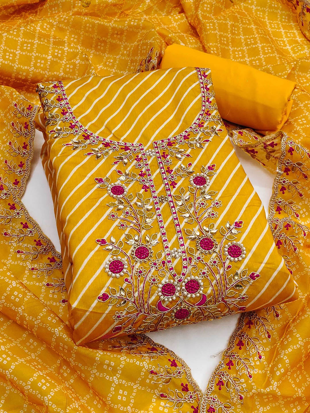 

SAINOOR Leheriya Printed Gotta Patti Embellished Semi-Stitched Dress Material, Mustard