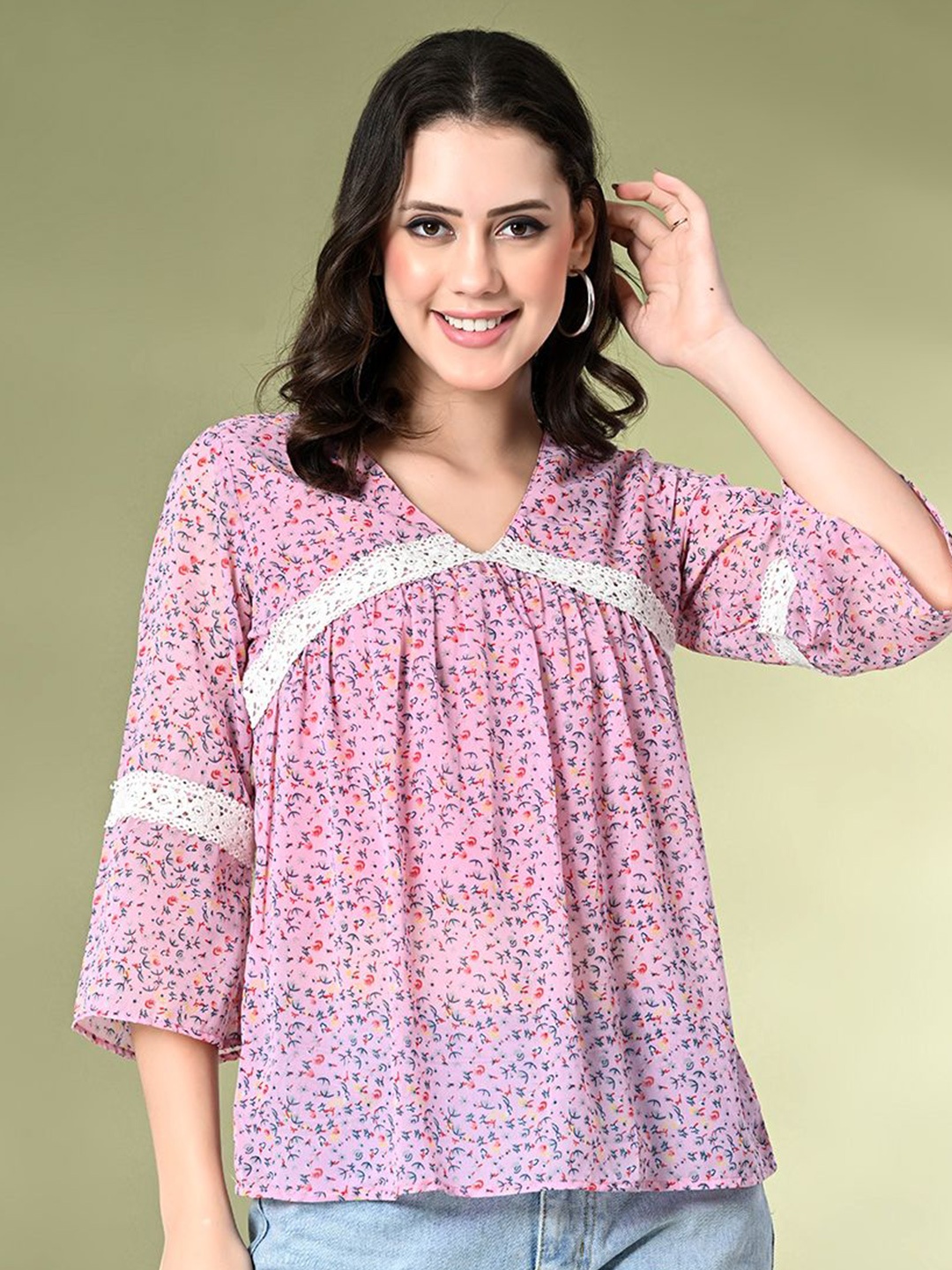

KALINI Floral Print Bell Sleeve Georgette Top, Pink