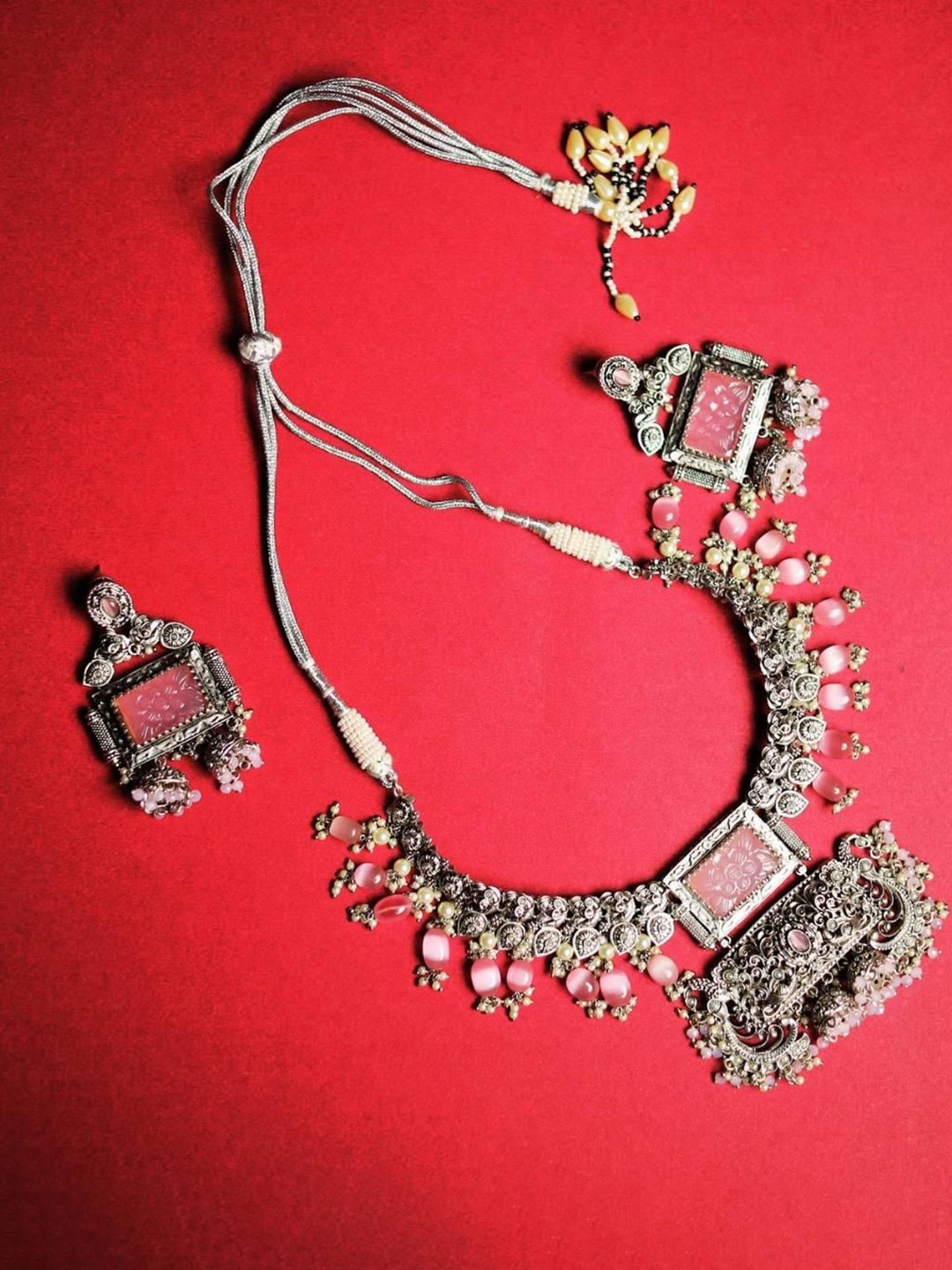 

ADC SHEMONA Silver-Plated Artificial Beads Beaded Oxidised Necklace And Earrings