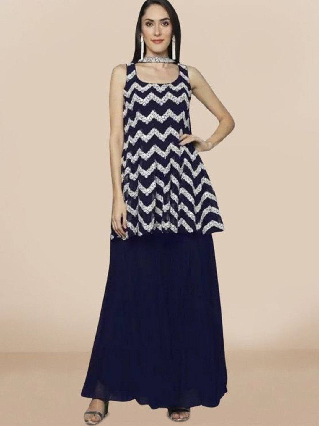 

PARROT CREATION Floral Embroidered Sequinned Georgette Kurti With Sharara And Dupatta, Navy blue