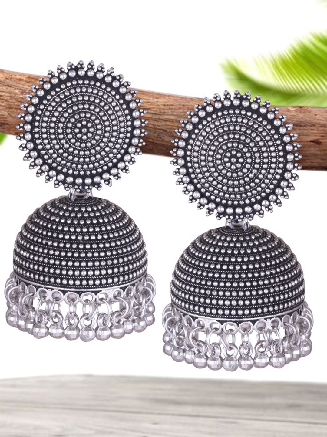 

DIVASTRI Silver-Plated Artificial Stones Studded And Beaded Dome Shaped Oxidised Jhumkas