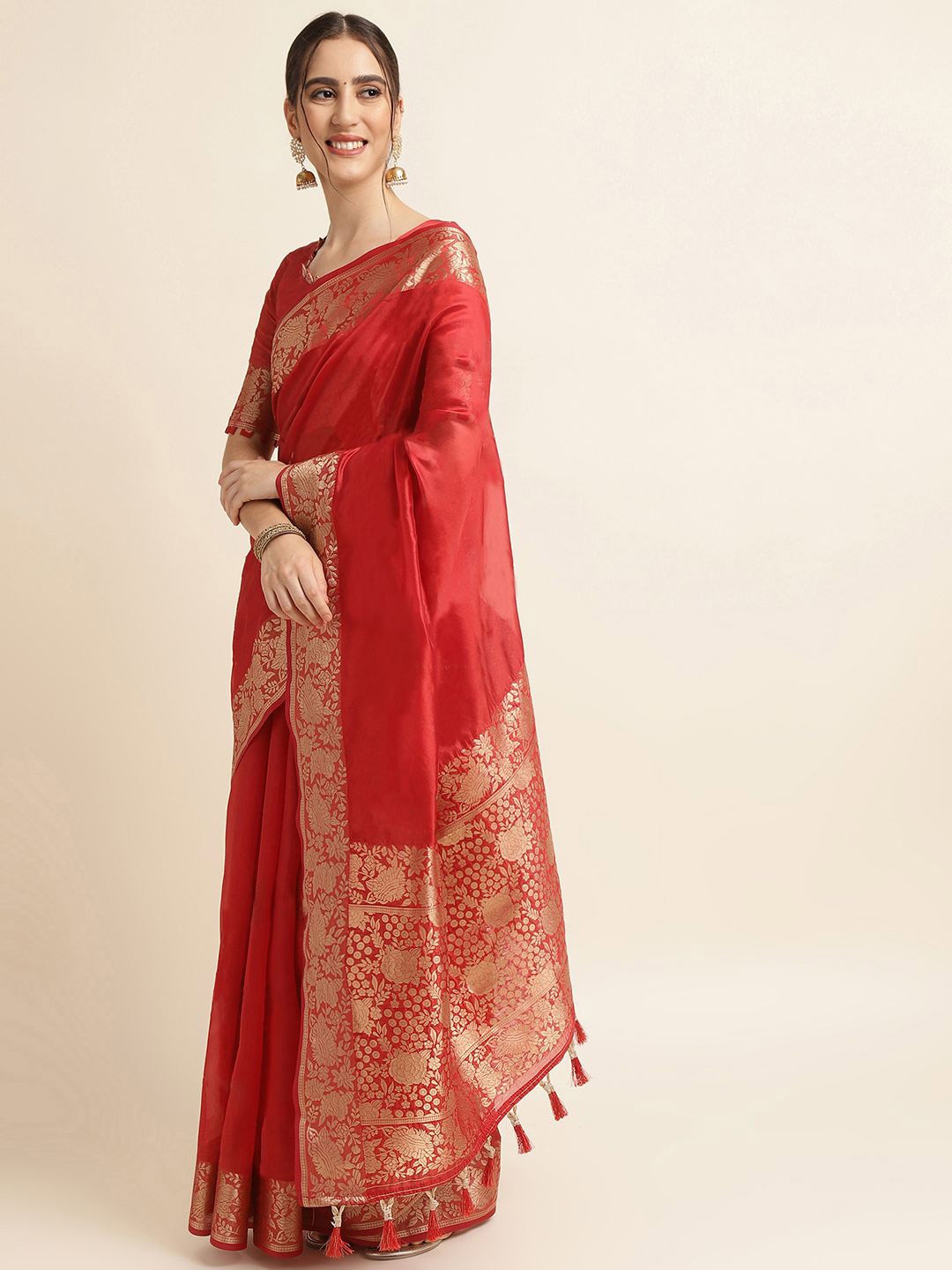 

DIVASTRI Woven Design Zari Organza Banarasi Saree, Red