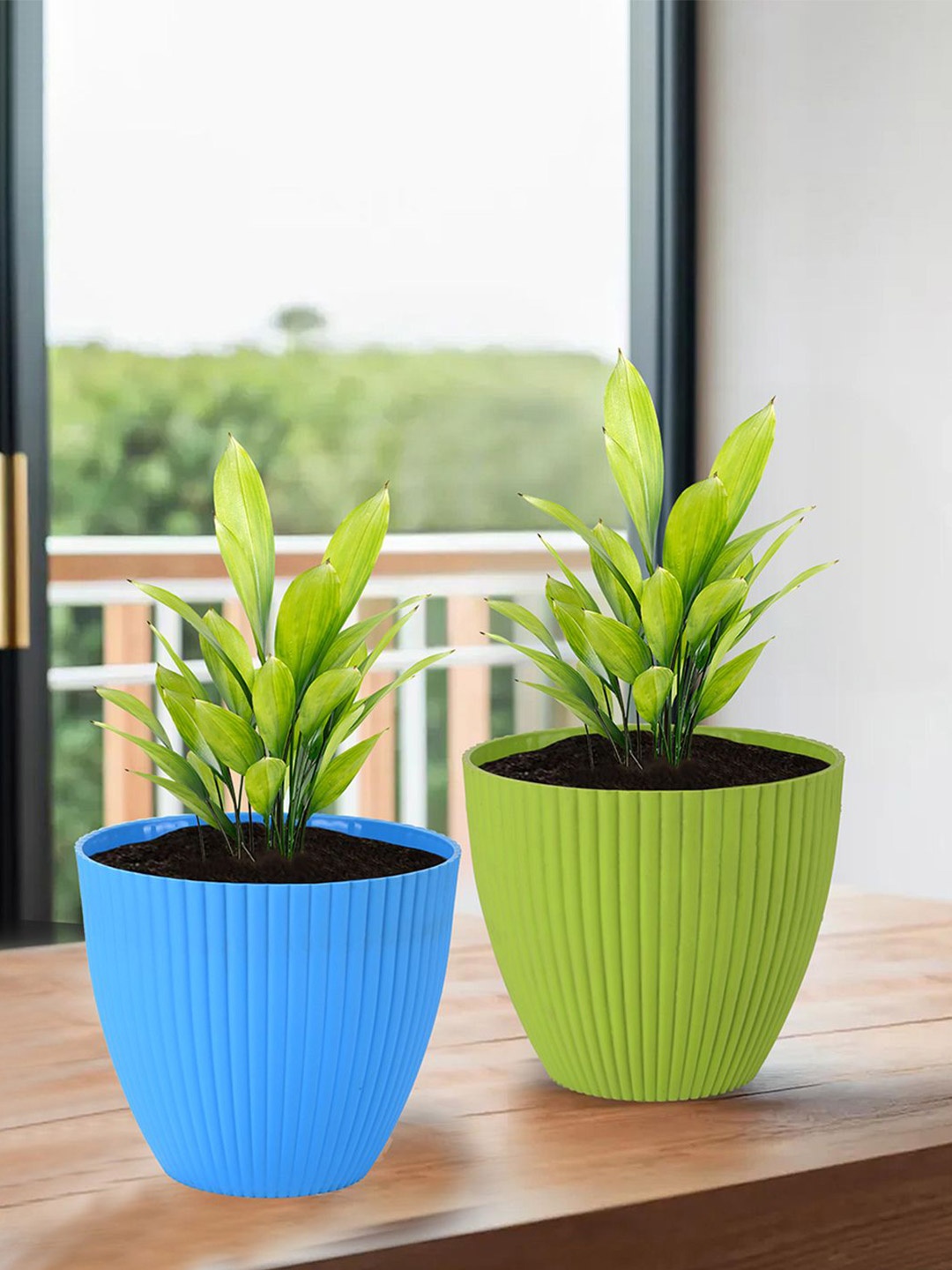 

Kuber Industries 2 Pieces Blue & Green Textured Flower Pot Planters