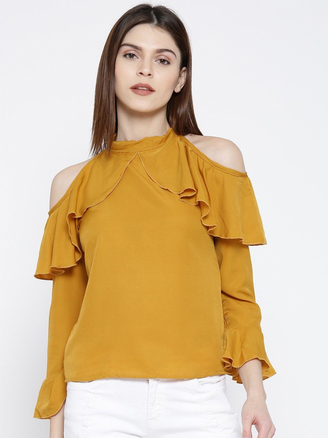 

Moda Rapido Women Cold-Shoulder Ruffles Top, Mustard