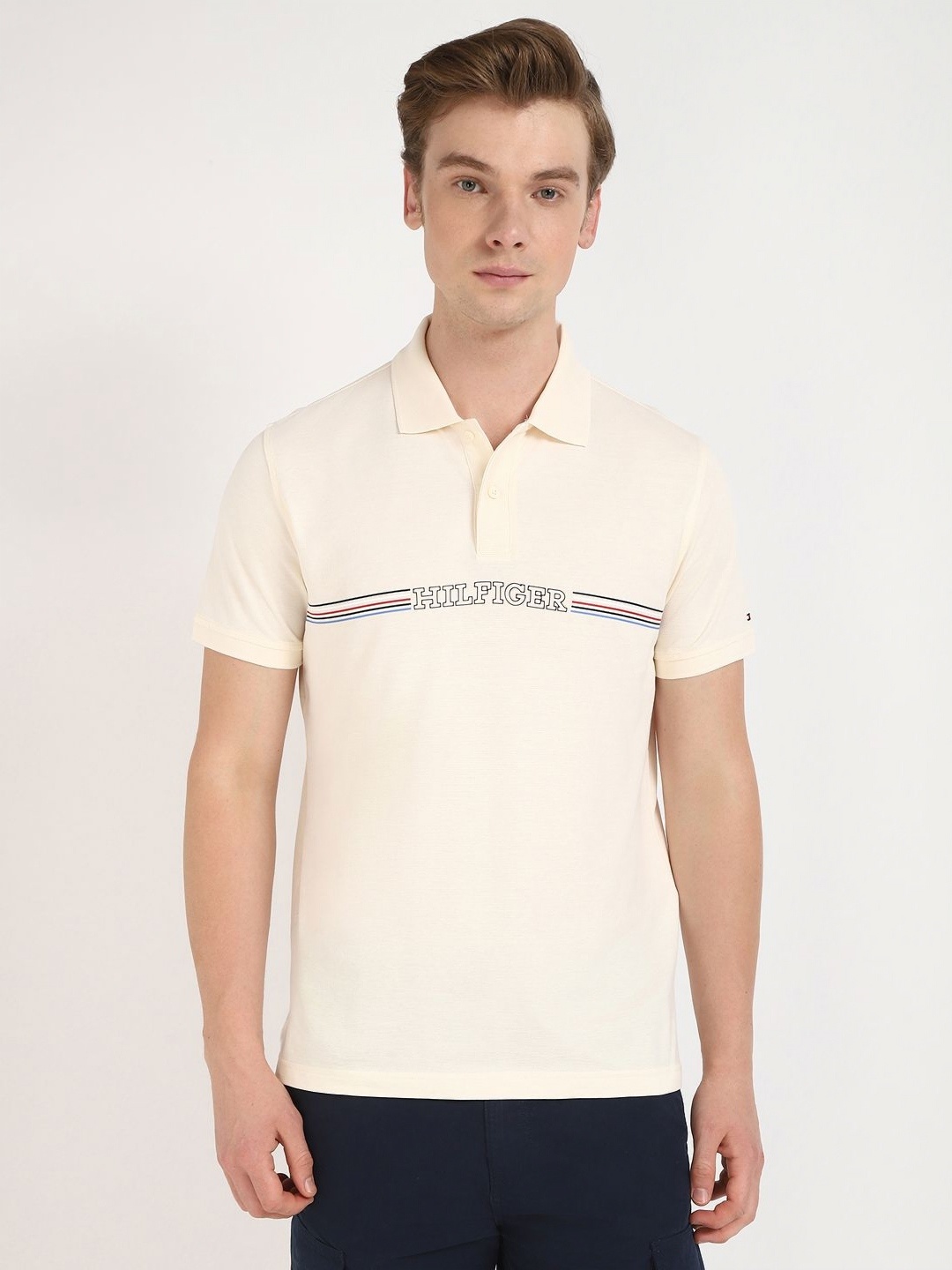 

Tommy Hilfiger Men Striped Polo Collar Cotton T-shirt, Off white