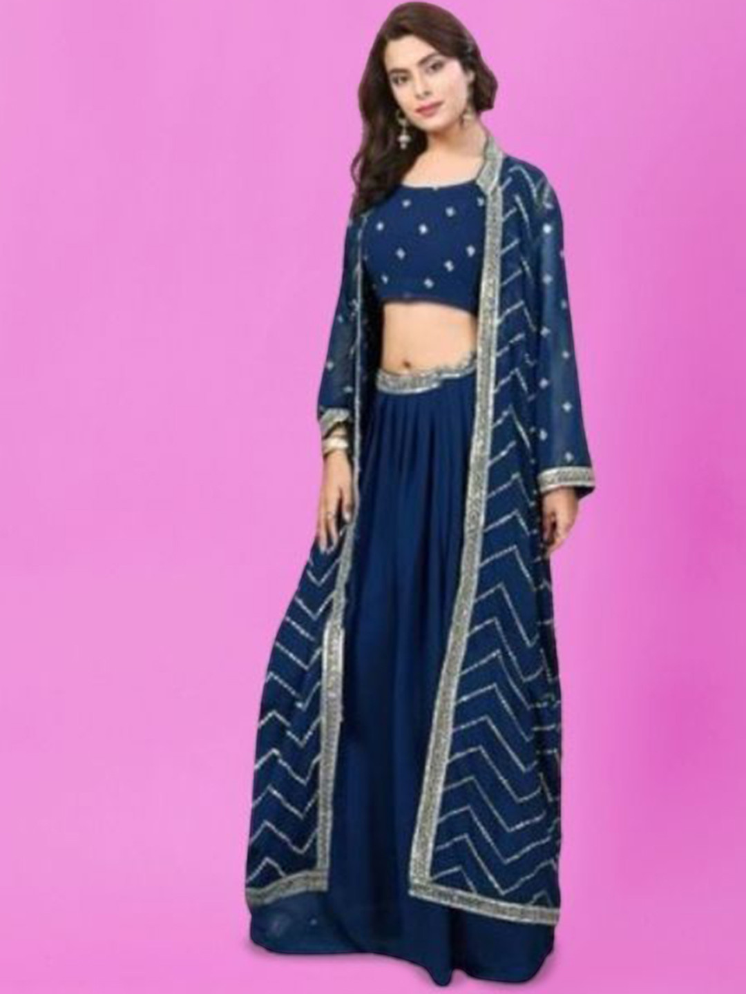 

PARROT CREATION Floral Embroidered Crop Top With Shrug And Skirt, Navy blue
