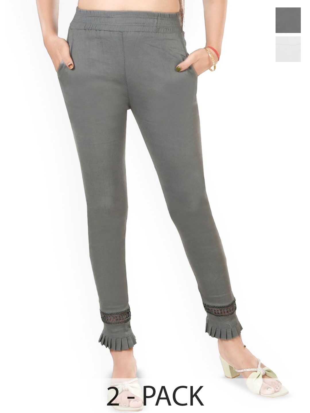 

Fessist Women Pack Of 2 Relaxed Slim Fit Easy Wash Pleated Cigarette Trousers, Multi