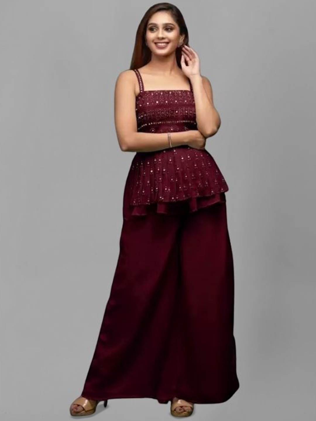 

PARROT CREATION Embroidered A-Line Mirror Work Kurti With Sharara And Dupatta, Maroon