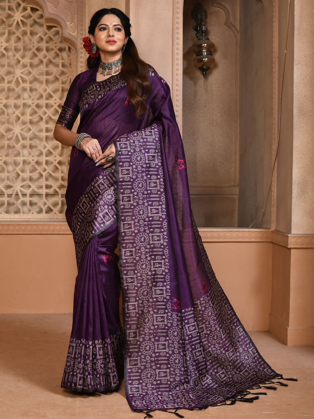 

DIVASTRI Kalamkari Printed Saree, Purple