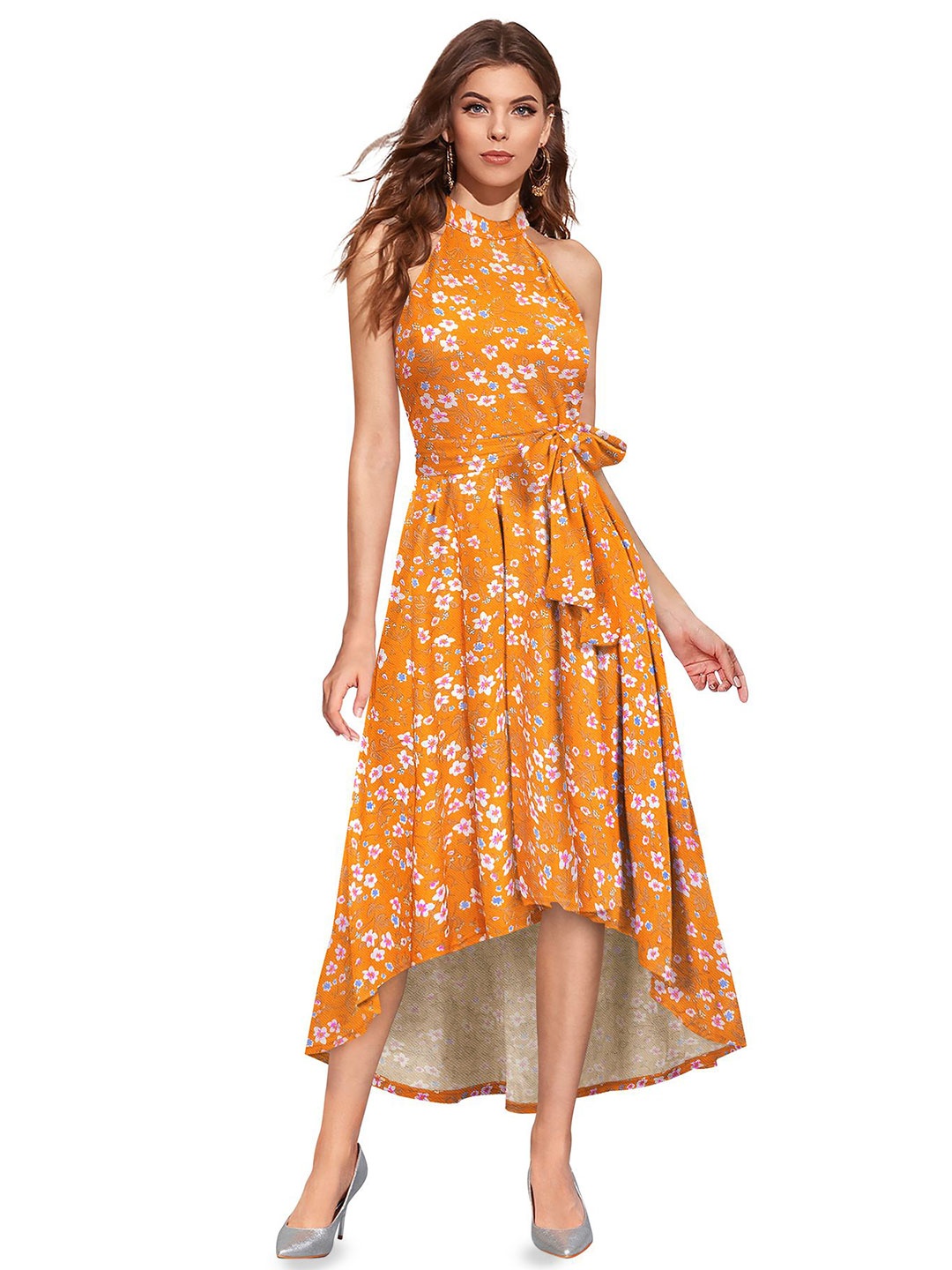 

SHOPONBIT Women Floral Printed Round Neck Sleeveless Fit & Flare Midi Dress, Yellow