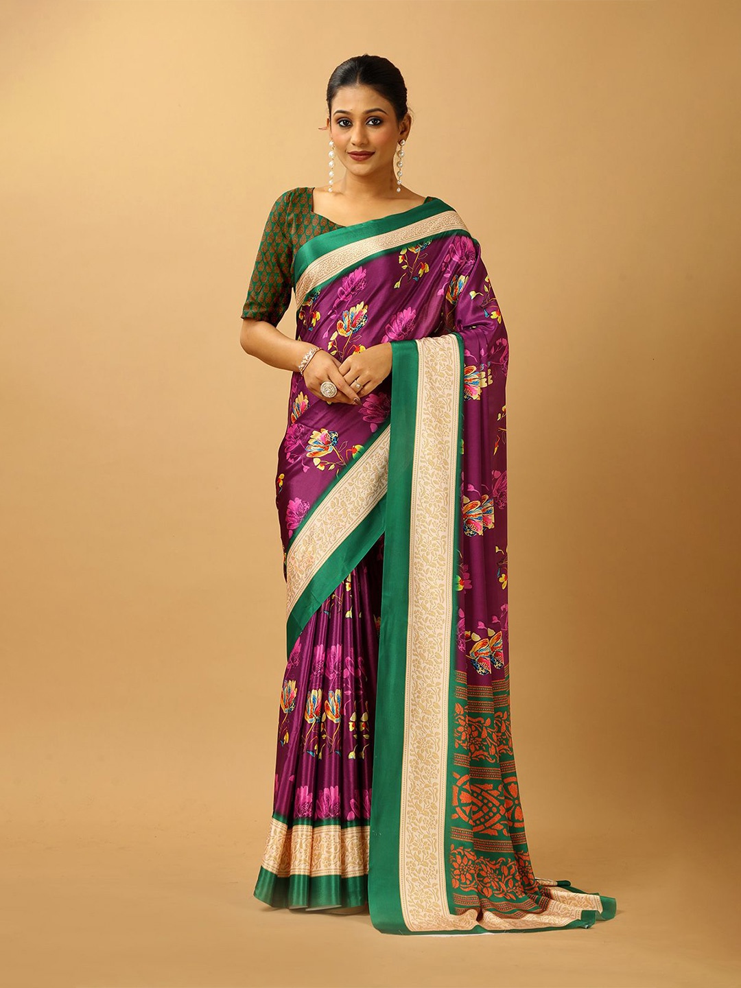 

A.V.M. SILK MILLS Floral Pure Crepe Saree, Purple