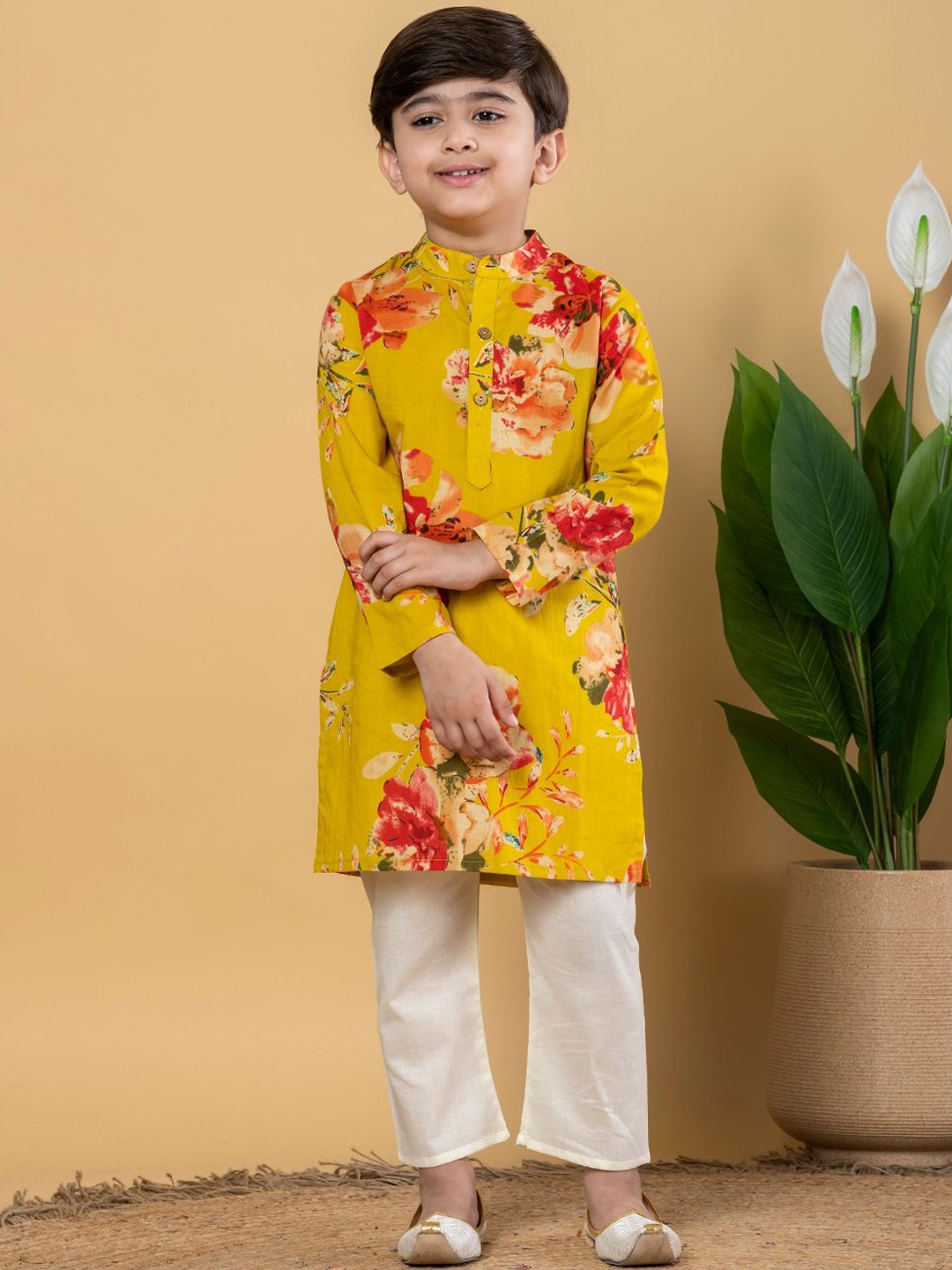 

Readiprint Boys Floral Printed Mandarin Collar Cotton Straight Kurta With Trouser, Mustard