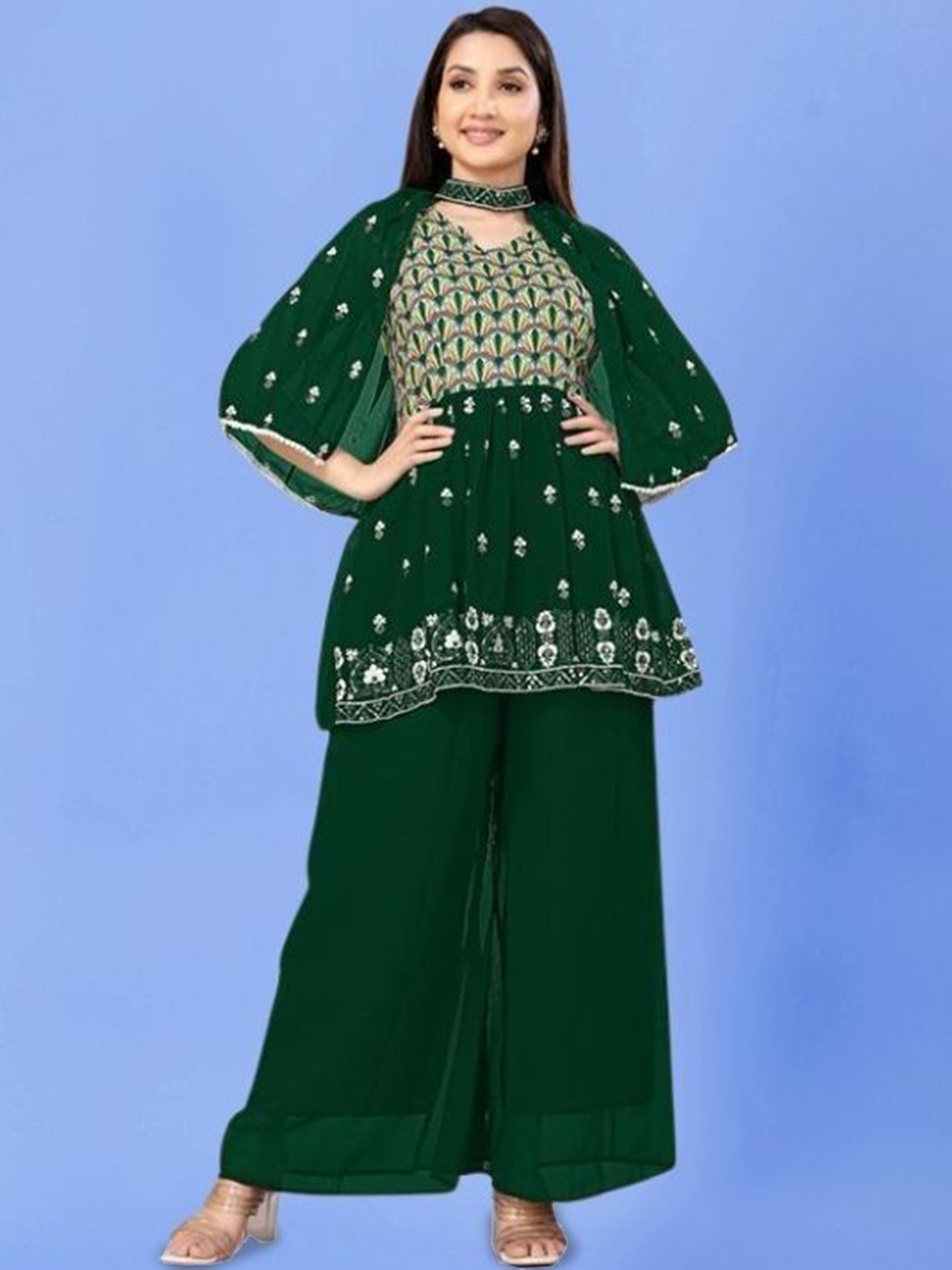 

PARROT CREATION Floral Embroidered Pleated Georgette A-Line Kurti with Palazzos & Cape, Green