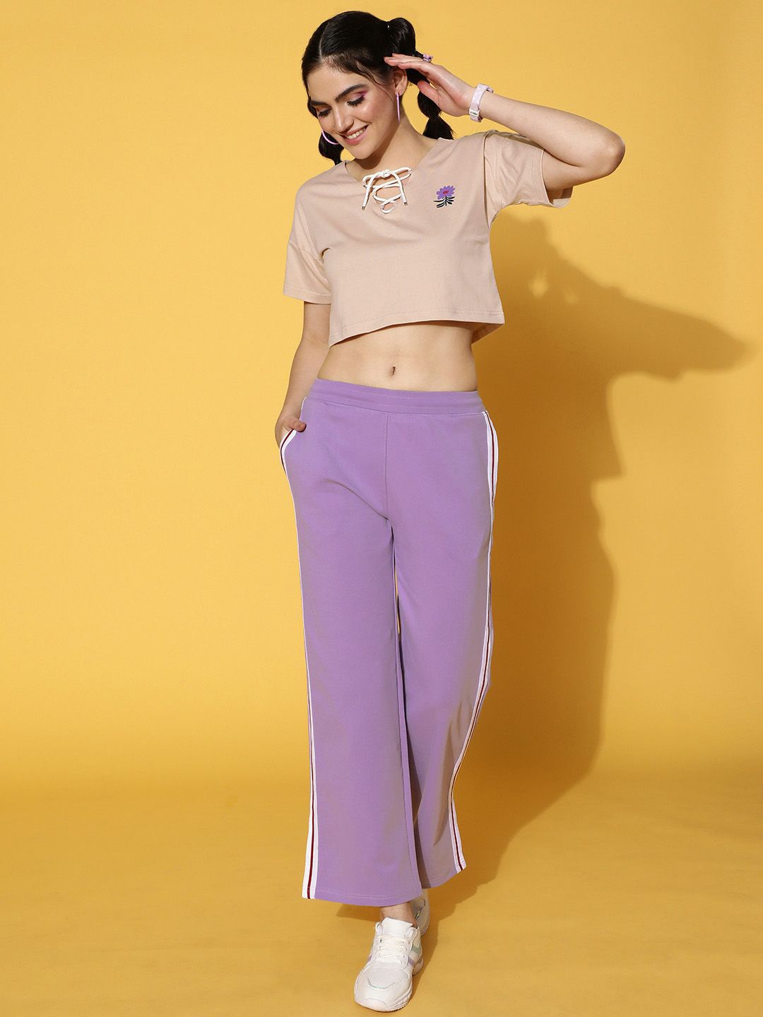 

JUNEBERRY Beige Placement Printed V-Neck Crop Top With Trouser Co-Ords Set