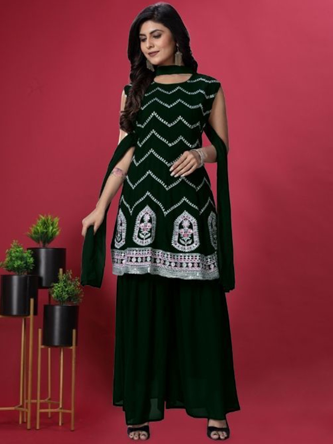 

PARROT CREATION Mirror Embroidered Sequinned Round Neck Kurti with Sharara & Dupatta, Green