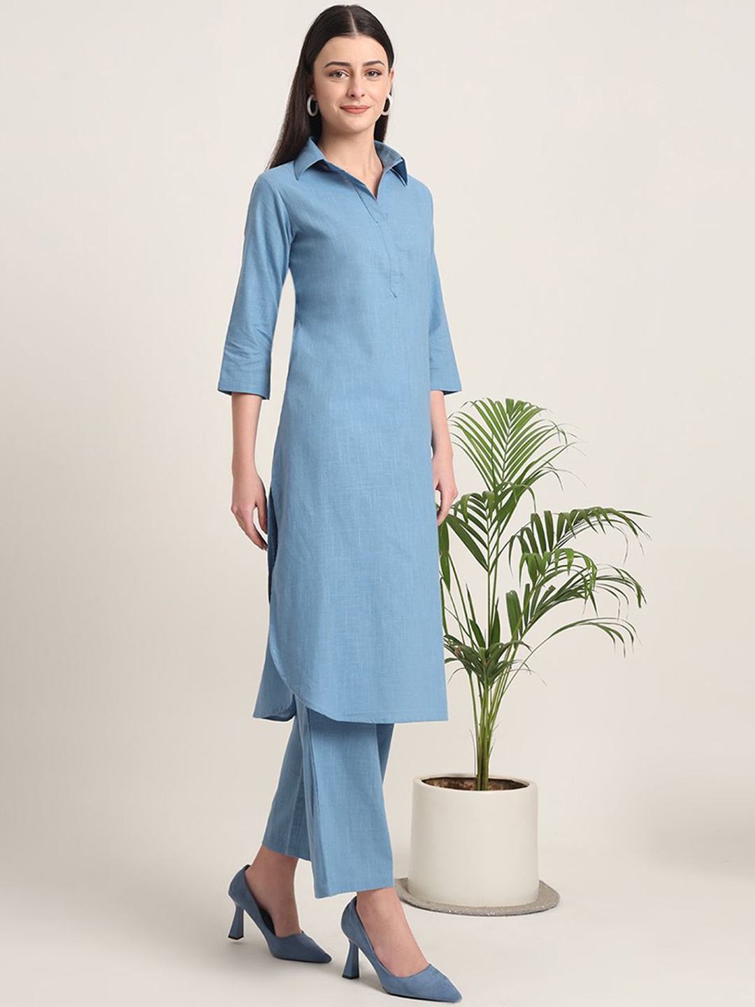 

Thevasa Women Shirt Collar Cotton Pathani Kurta, Blue