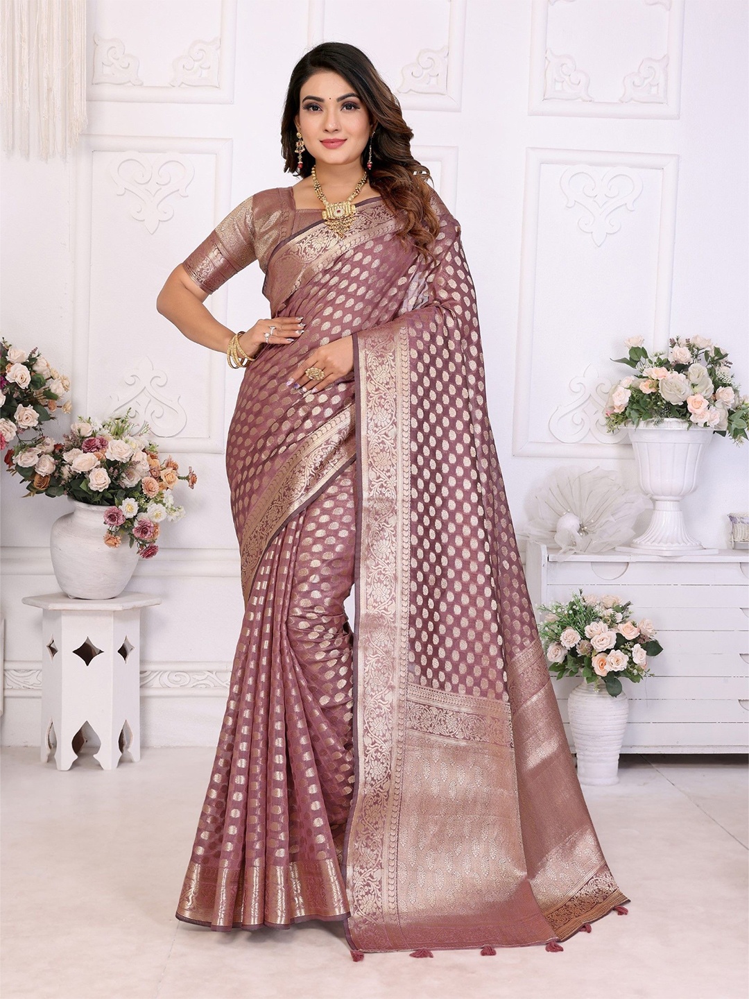 

Moda Rapido Woven Design Zari Organza Banarasi Saree, Pink