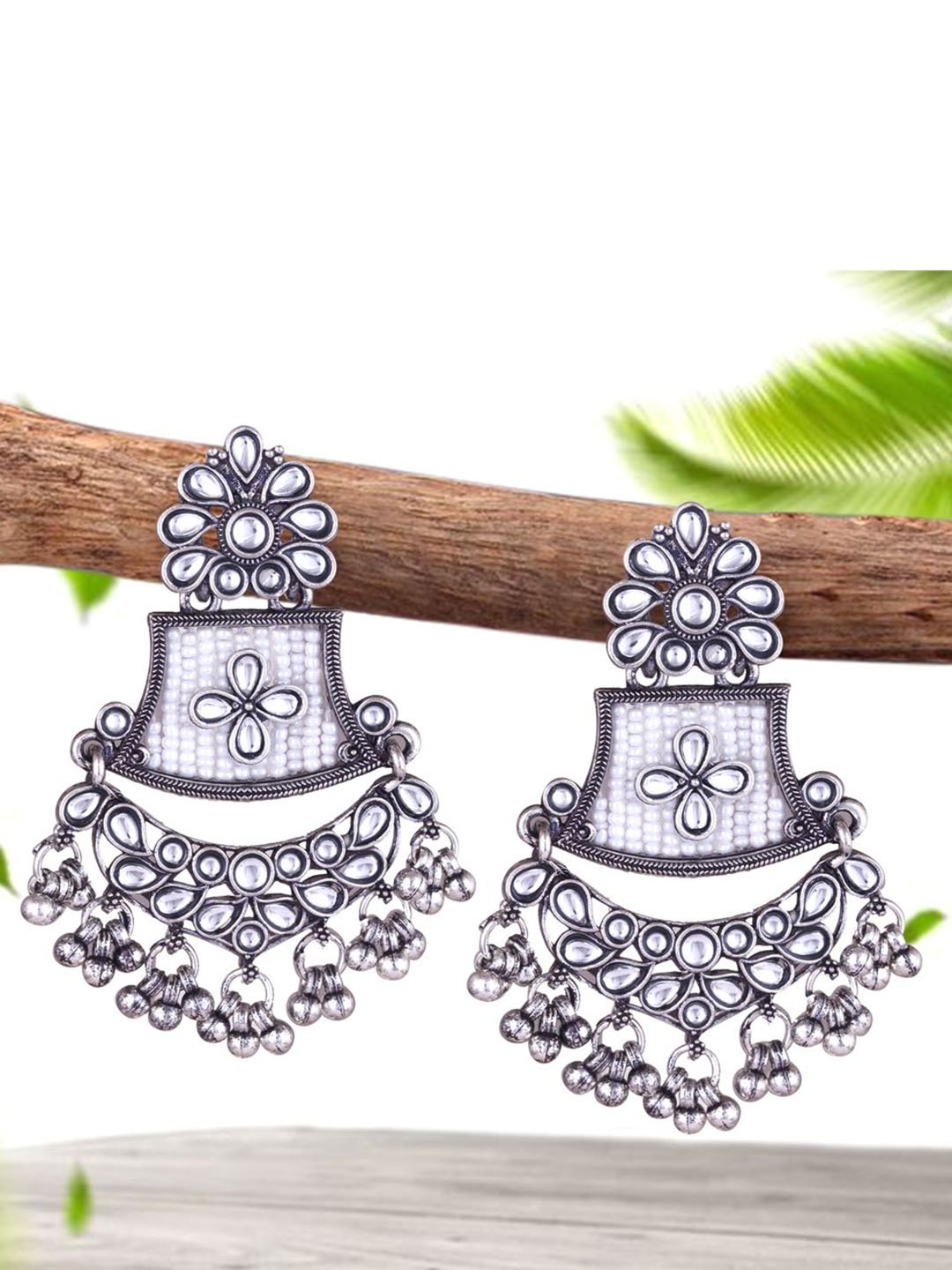 

DIVASTRI Silver-Plated Pearl Beaded Contemporary Oxidised Chandbalis