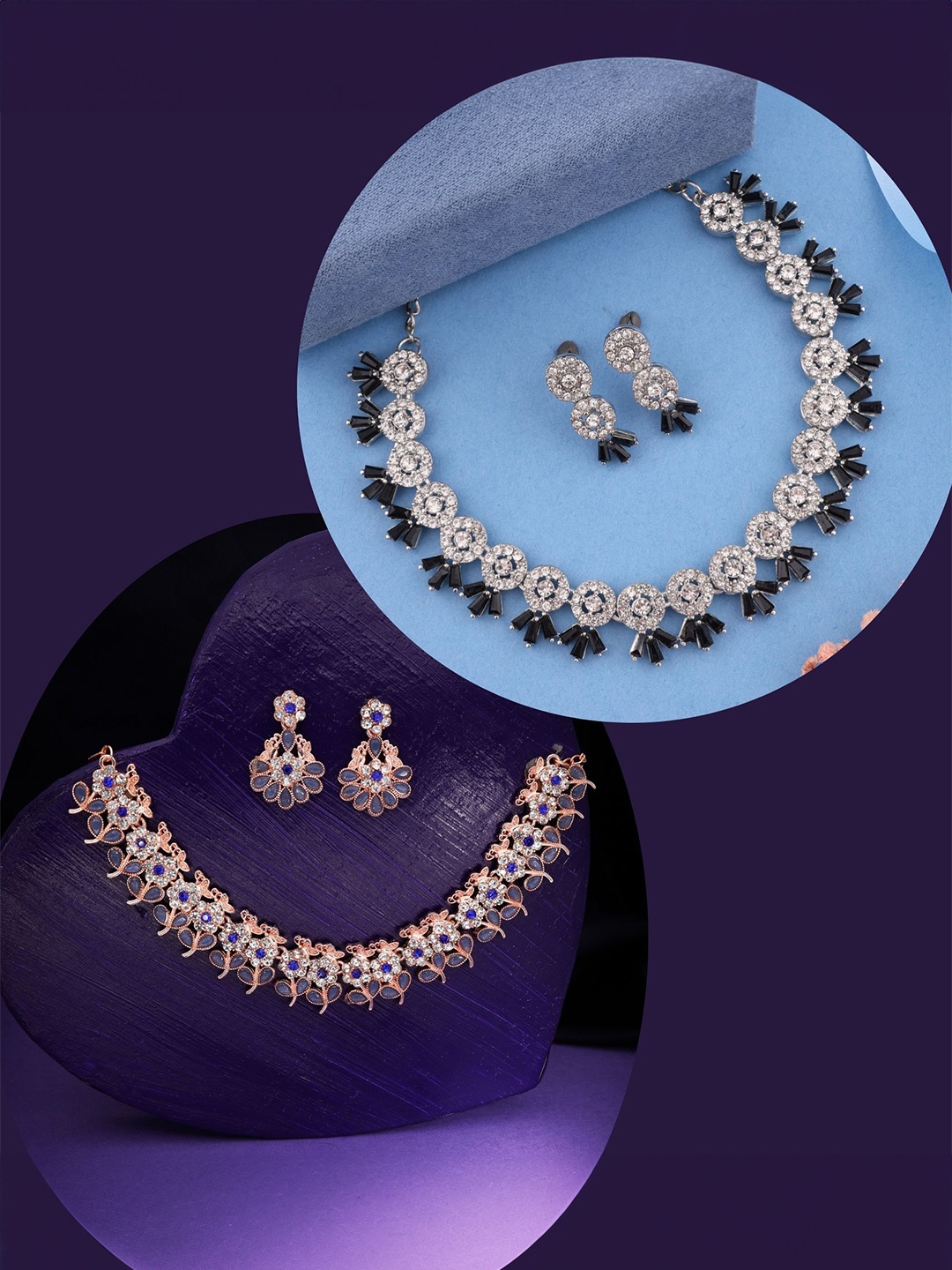 

DIVASTRI Set Of 2 Gold & Silver Plated Artificial Stones Studded Necklace With Earrings