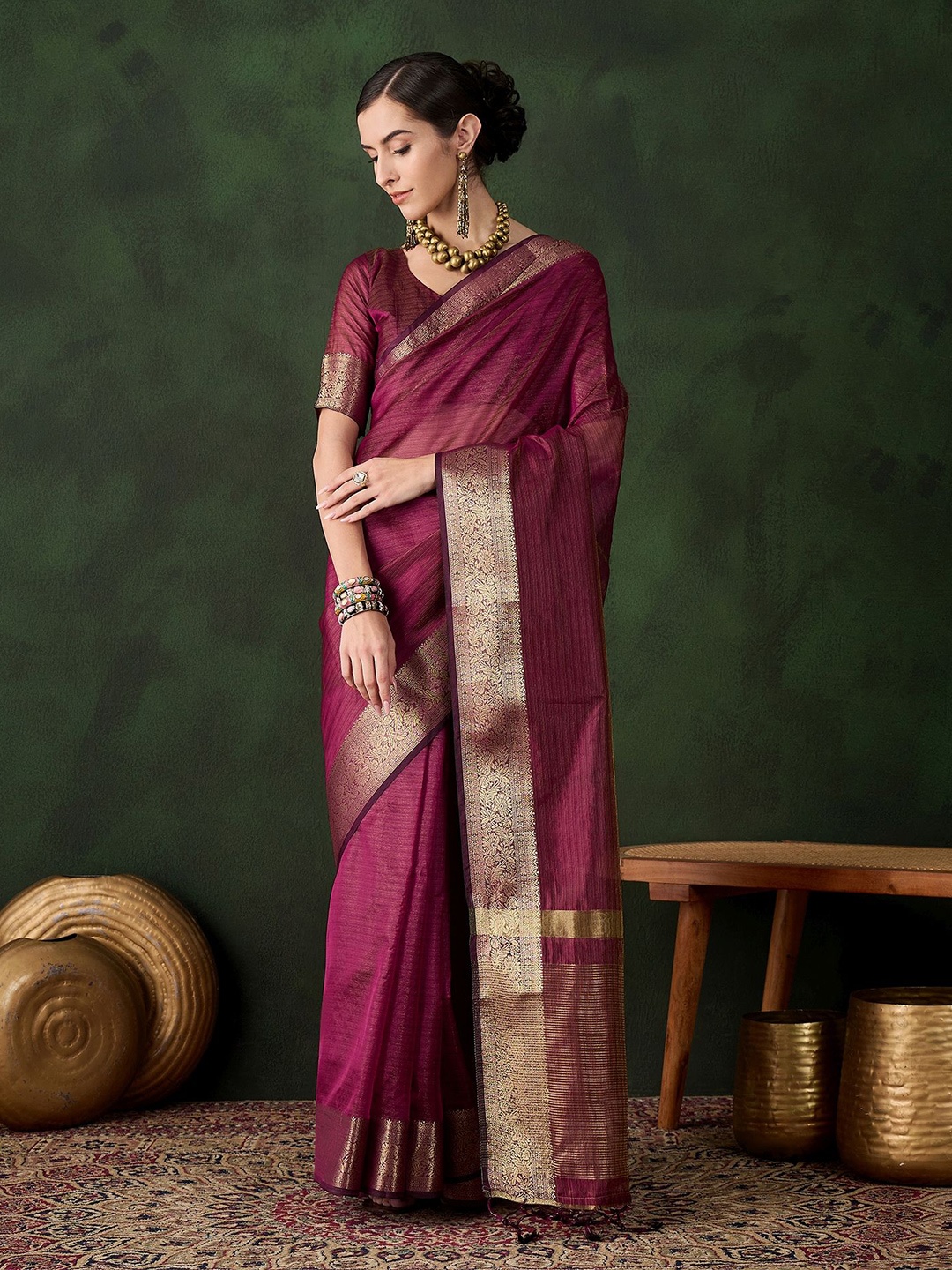 

Maroosh Striped Zari Organza Saree, Magenta