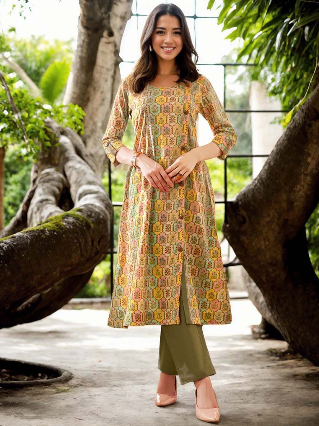

Anouk Ethnic Motifs Printed Pure Cotton Straight Kurta With Trouser, Yellow