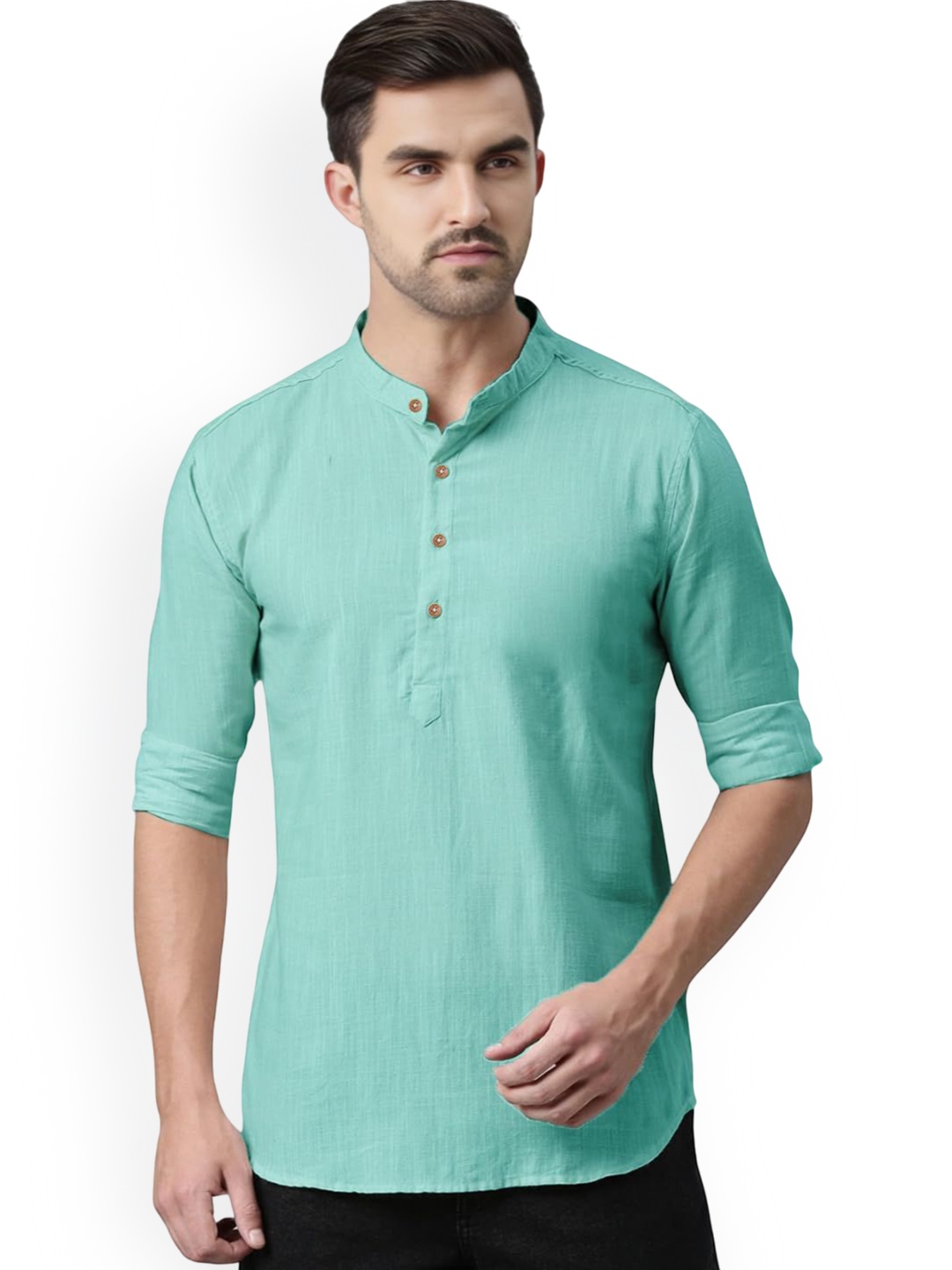

Vida Loca Band Collar Rolled-Up Sleeves Pure Cotton Slim Fit Short Kurta, Lime green