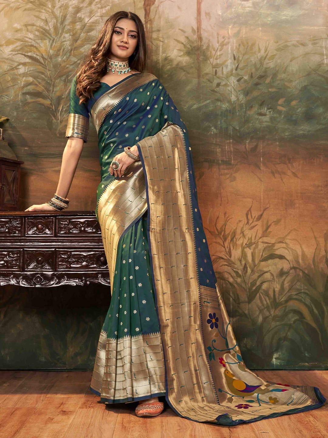 

Mitera Floral Woven Design Zari Paithani Saree, Green