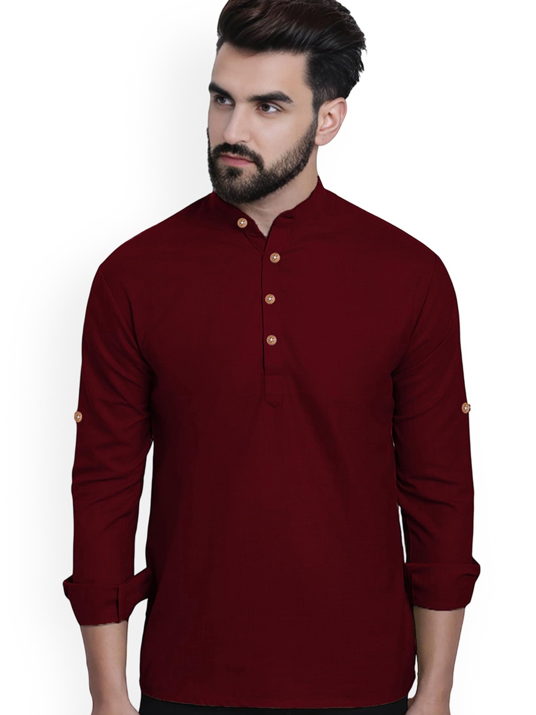 

Vida Loca Band Collar Pure Cotton Straight Short Kurta, Maroon