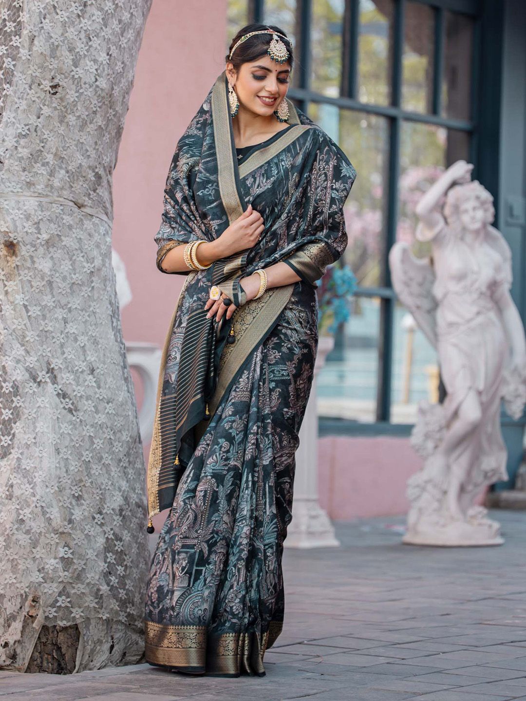 

Anouk Kalamkari Zari Sungudi Saree, Teal