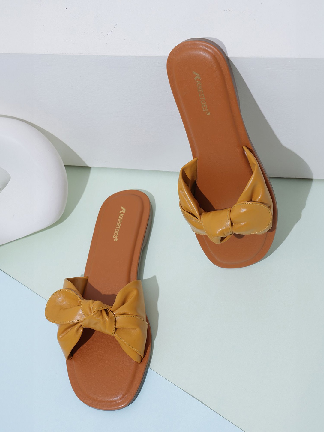 

KNEETOES Women Open Toe Flats with Bows, Yellow