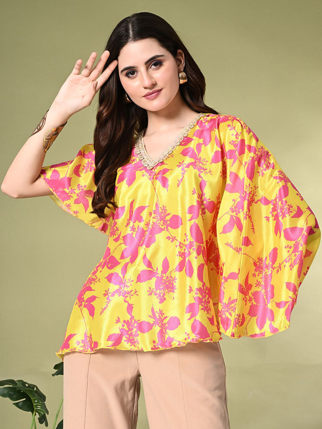 

KALINI Floral Print Flared Sleeve Kaftan Top, Yellow