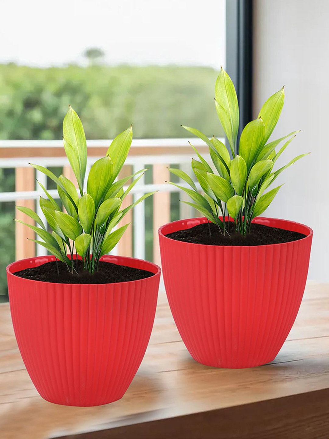 

Kuber Industries Red 2 Pieces Textured Durable Flower Pot Planters