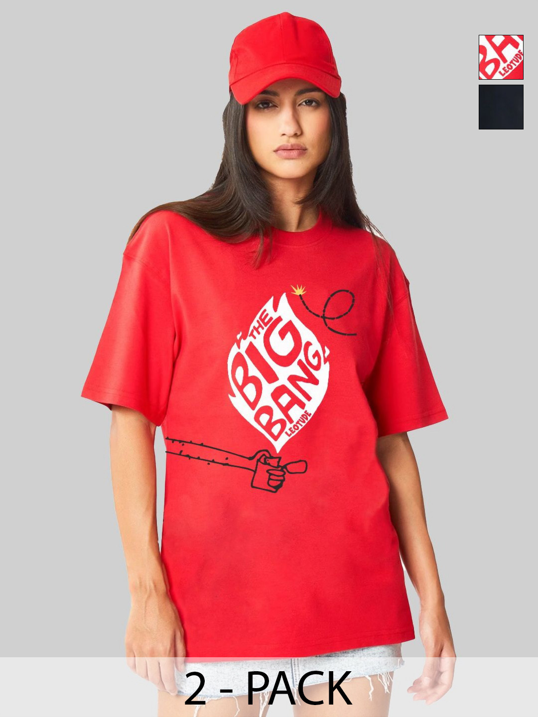 

Leotude Women Pack Of 2 Typography Printed Round Neck Cotton Oversized T-shirts, Red