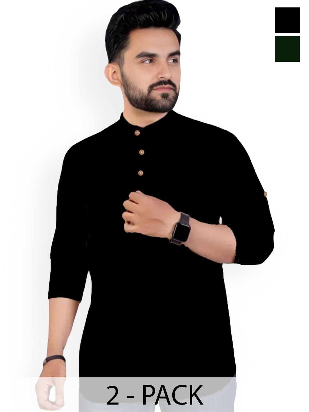 

Vida Loca Selection Of 2 Band Collar Rolled-Up Sleeves Slim Fit Pure Cotton Short Kurta, Black