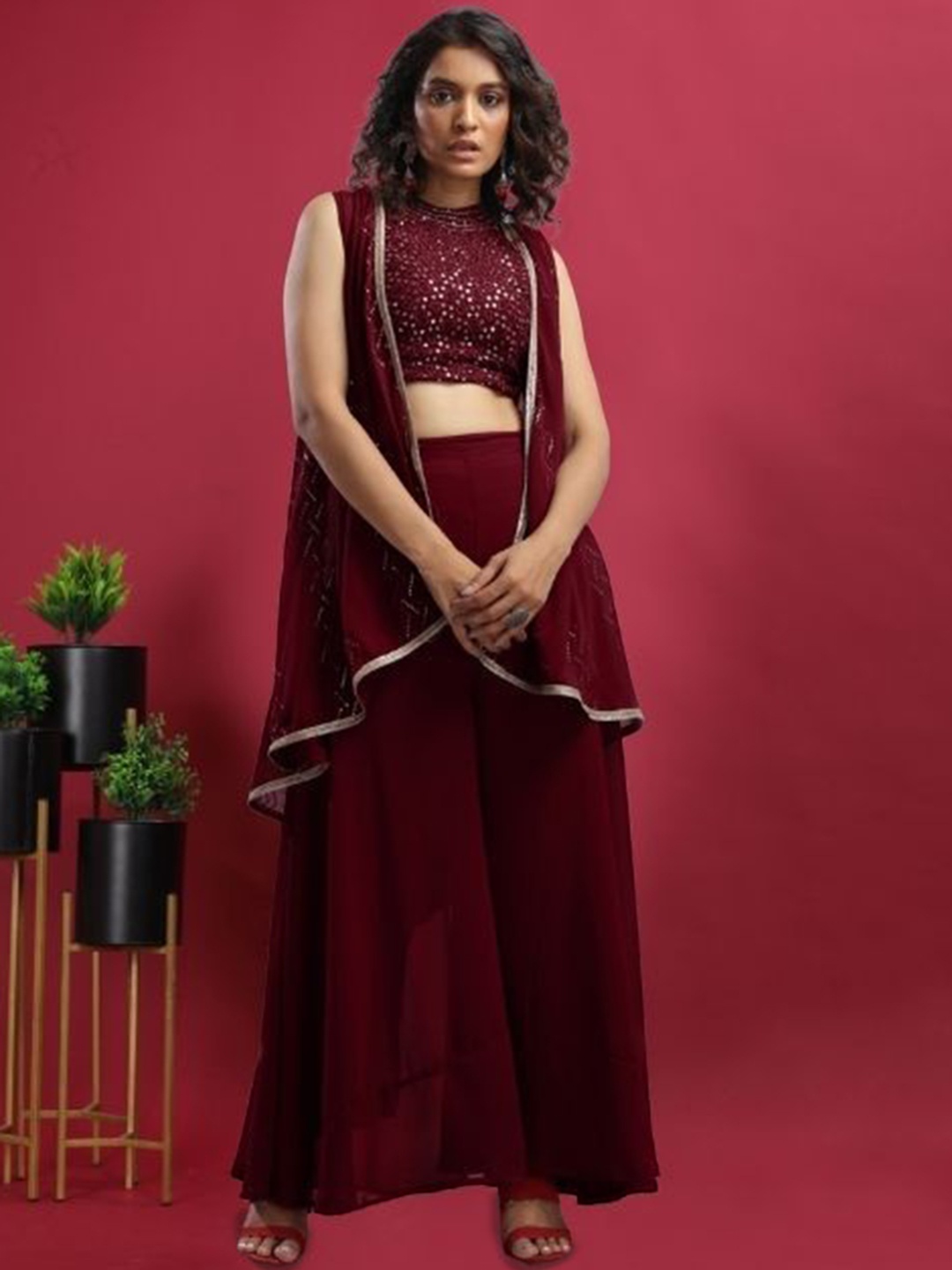 

PARROT CREATION Sweta Embroidered Halter Neck Georgette Crop Top With Palazzos & Shrug, Maroon