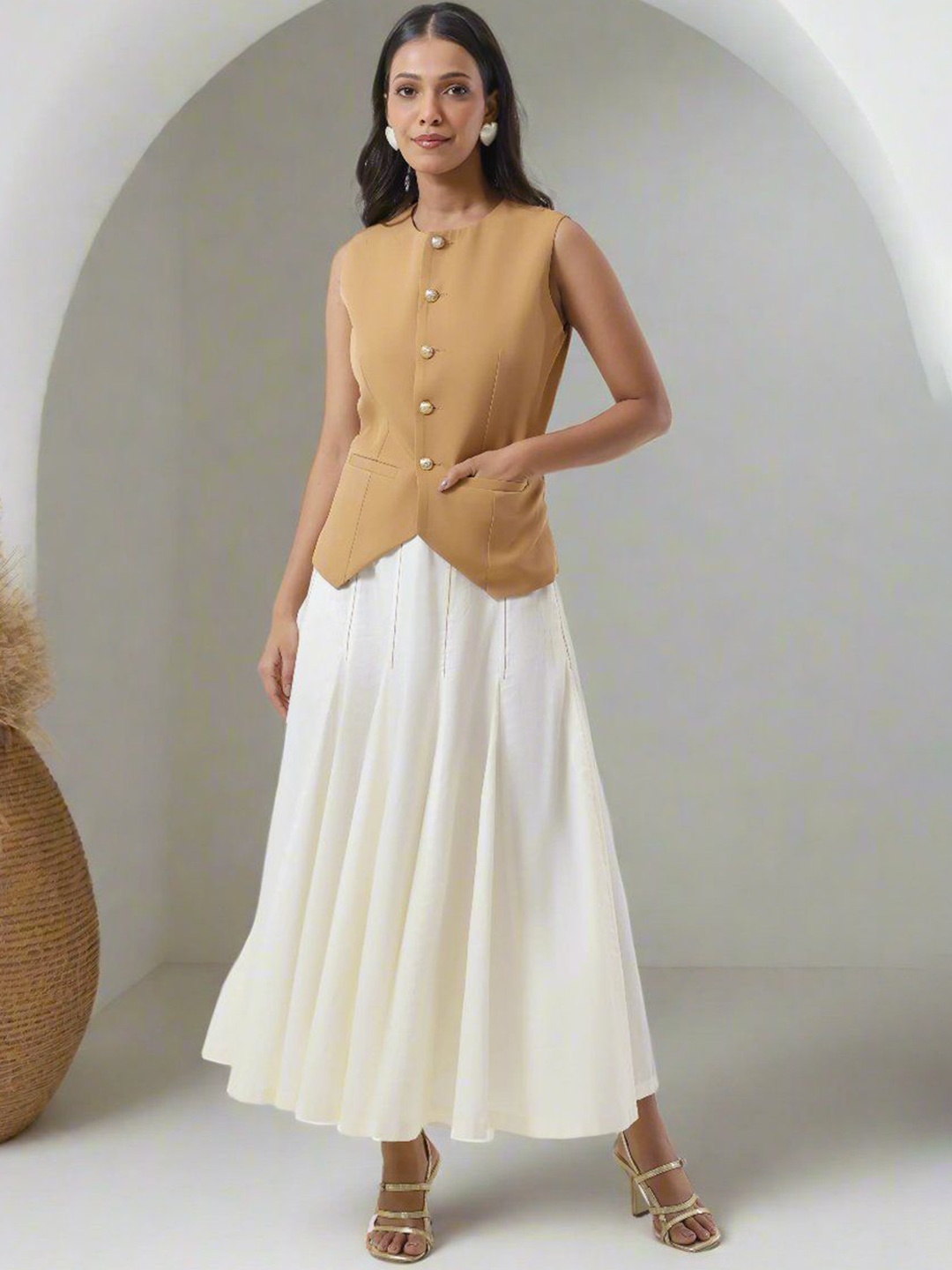 

YA-SA Mellow Classic Shell Round Neck Sleeveless Waist Coat With Pleated Skirt, Camel brown