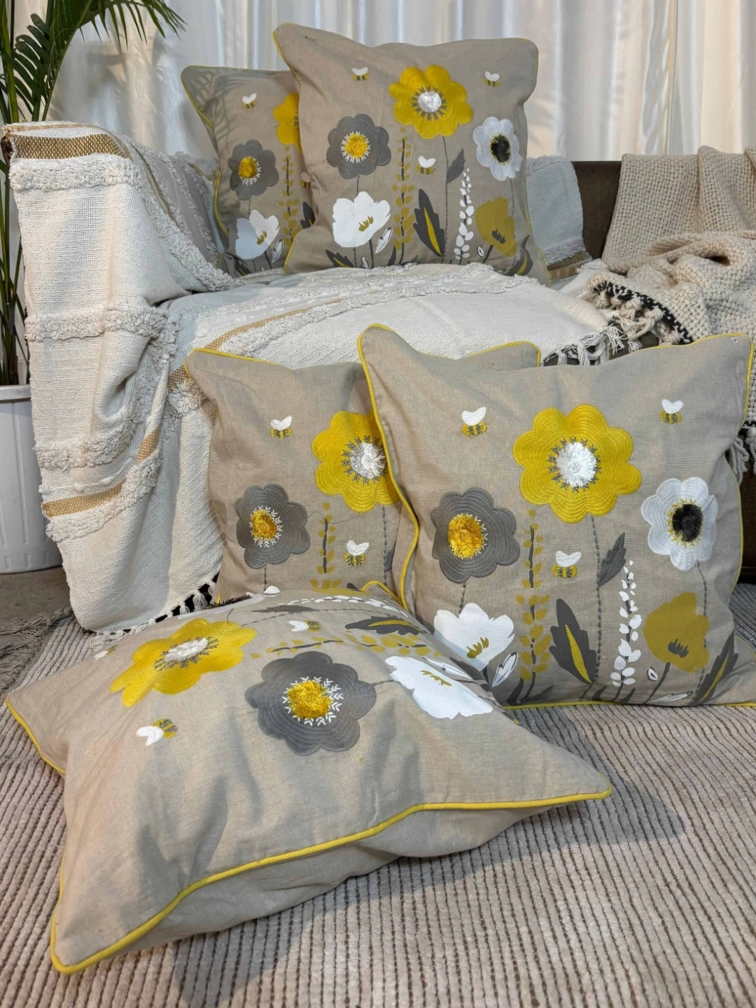 

LUSHLYF Tufted Grey & Yellow 5 Pieces Floral Embroidered Cotton Square Cushion Covers