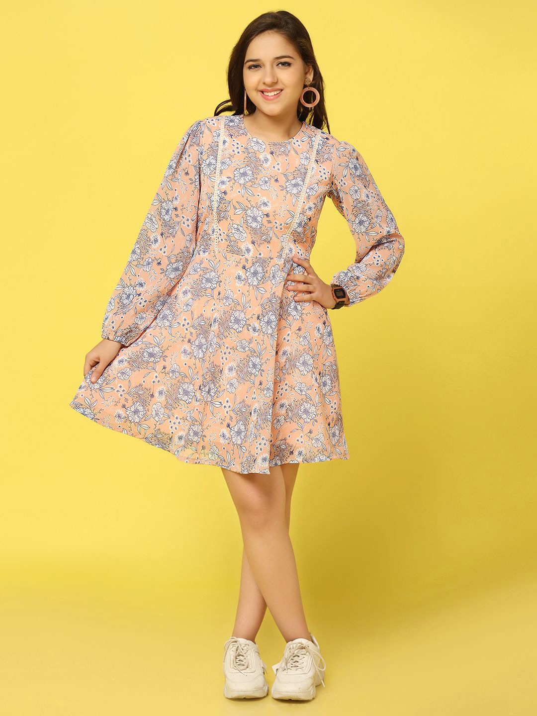 

YK Women Floral Print Puff Sleeve Chiffon A-Line Dress, Peach