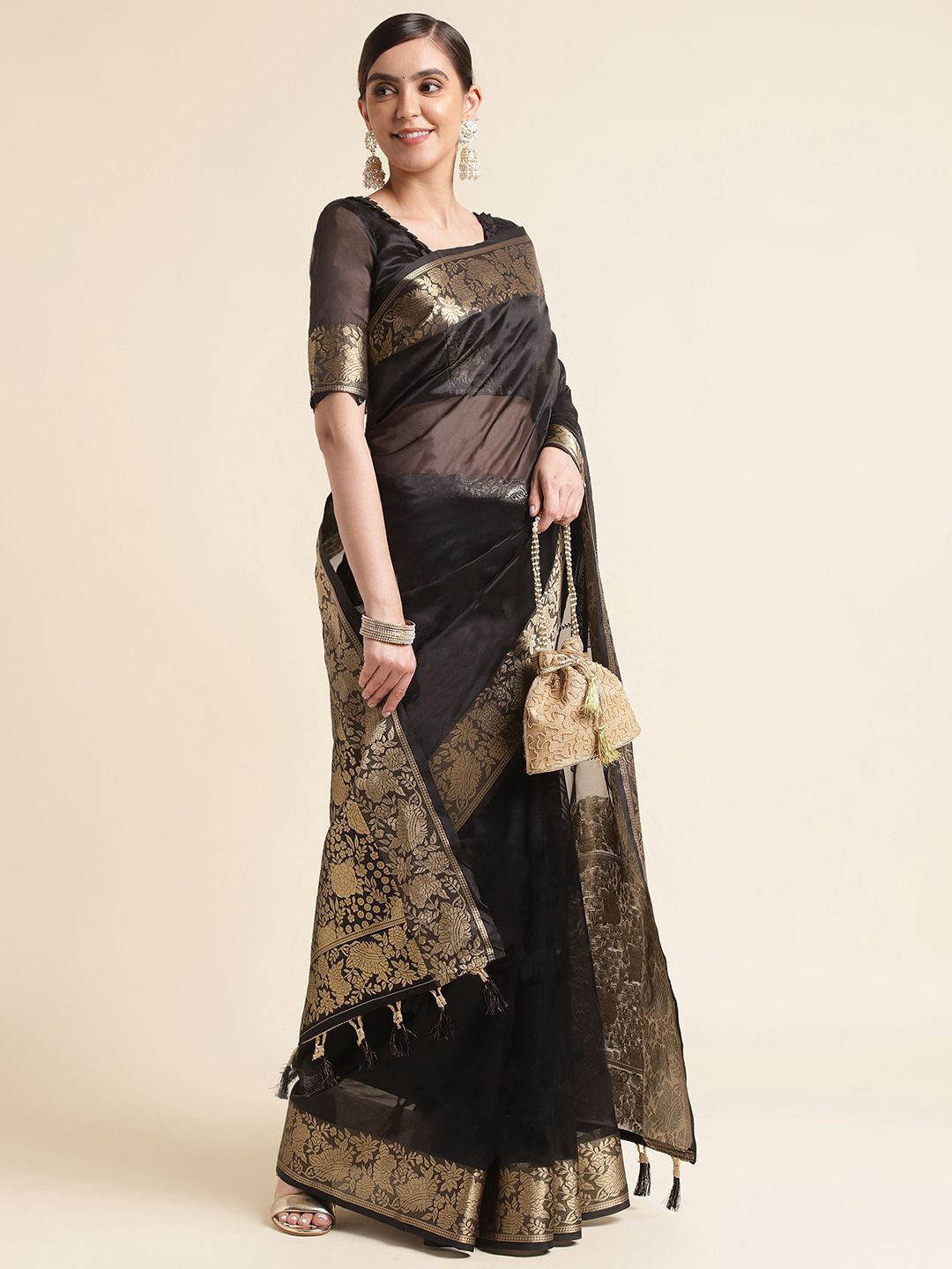 

DIVASTRI Woven Design Zardozi Organza Banarasi Saree, Black