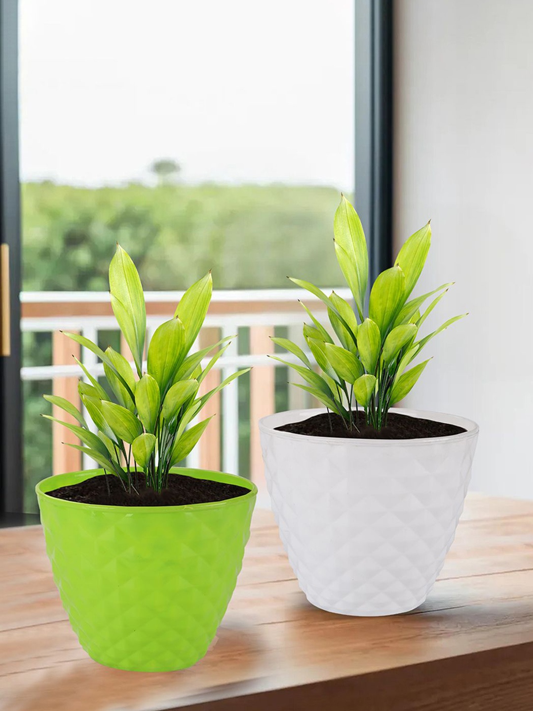 

Kuber Industries White & Green 2 Pieces Textured Planters