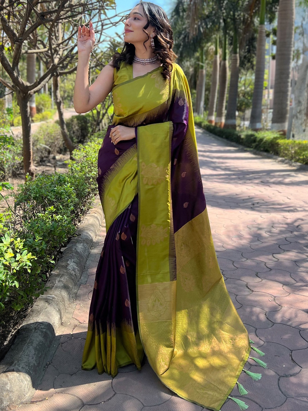 

Vintro Woven Design Zari Silk Blend Paithani Saree, Purple