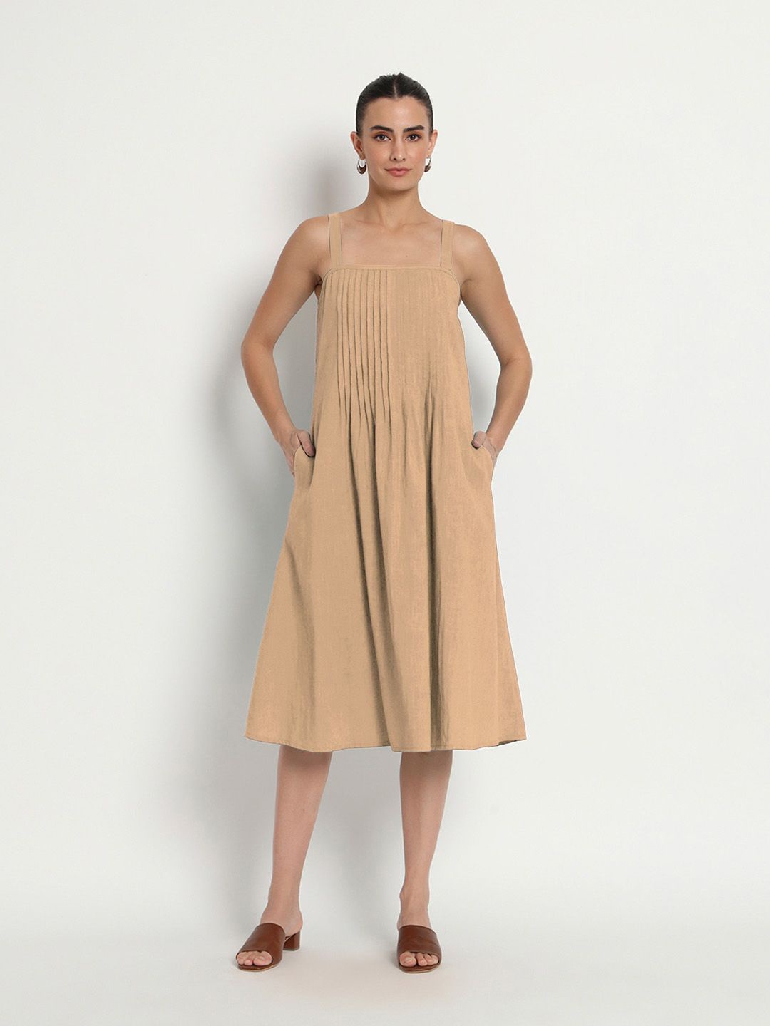 

Thevasa Women Beige Dreamy Flare Spaghetti Dress